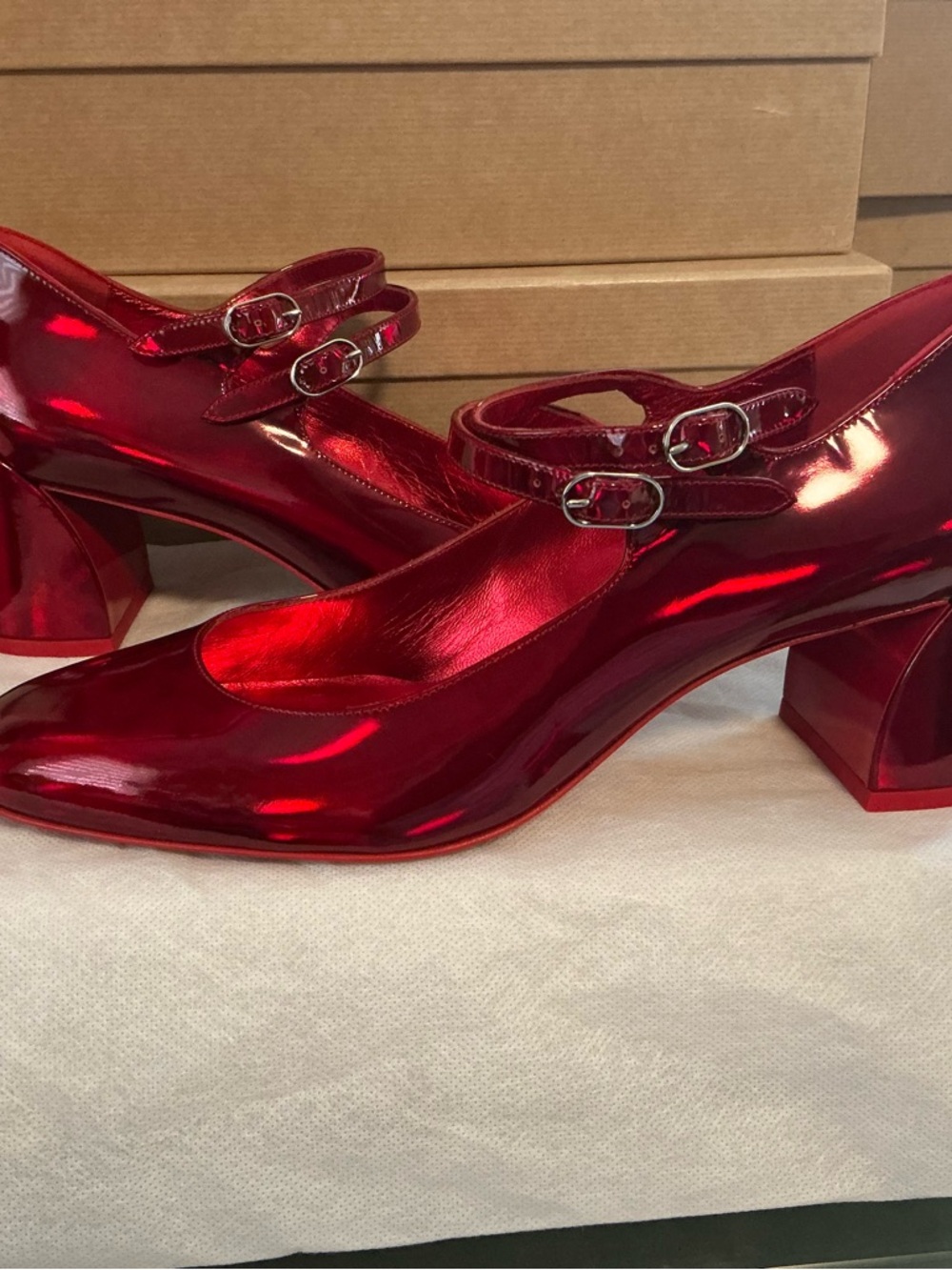Christian Louboutin Shiny Red Double-Strap Block Heel Pumps